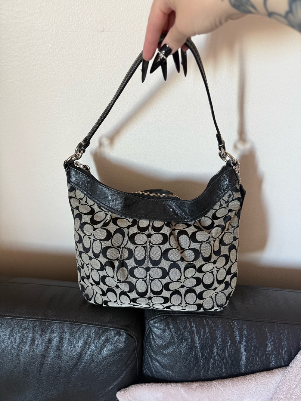 Coach Signature Canvas Shoulder Bag in Black and Cream